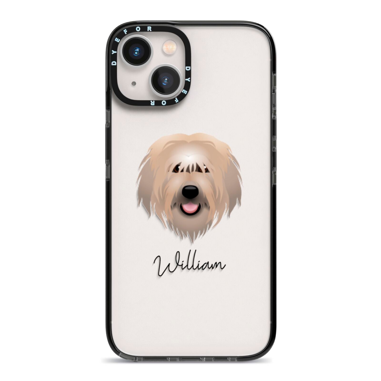 Catalan Sheepdog Personalised iPhone 13 Black Impact Case on Silver phone