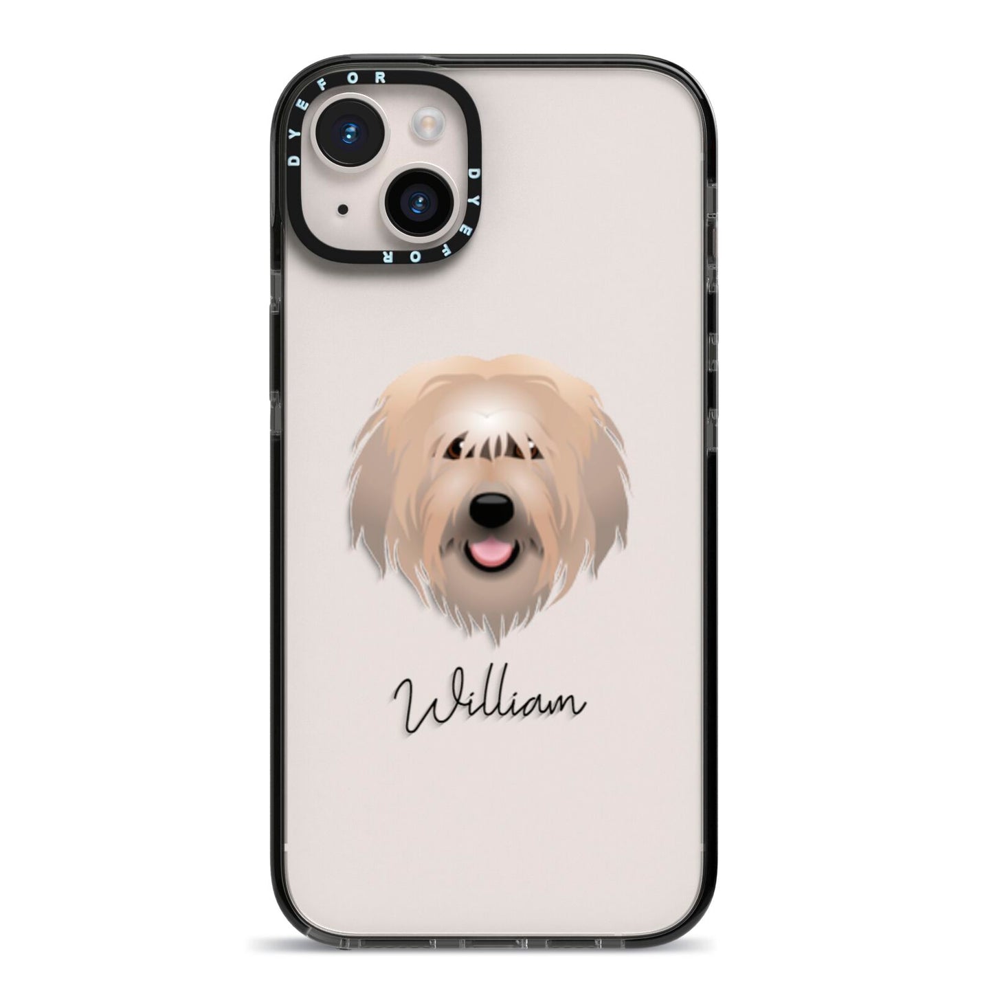 Catalan Sheepdog Personalised iPhone 14 Plus Black Impact Case on Silver phone