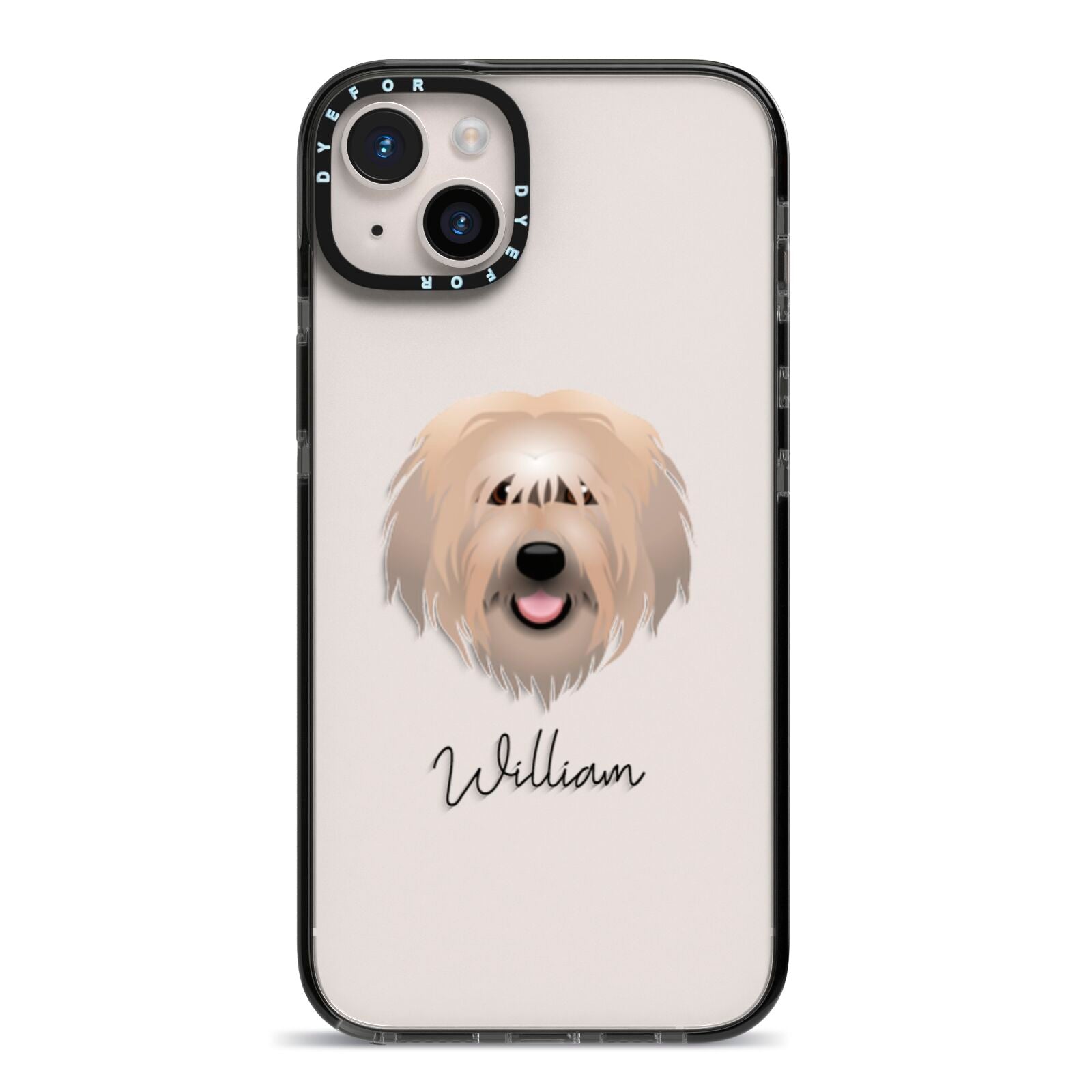 Catalan Sheepdog Personalised iPhone 14 Plus Black Impact Case on Silver phone