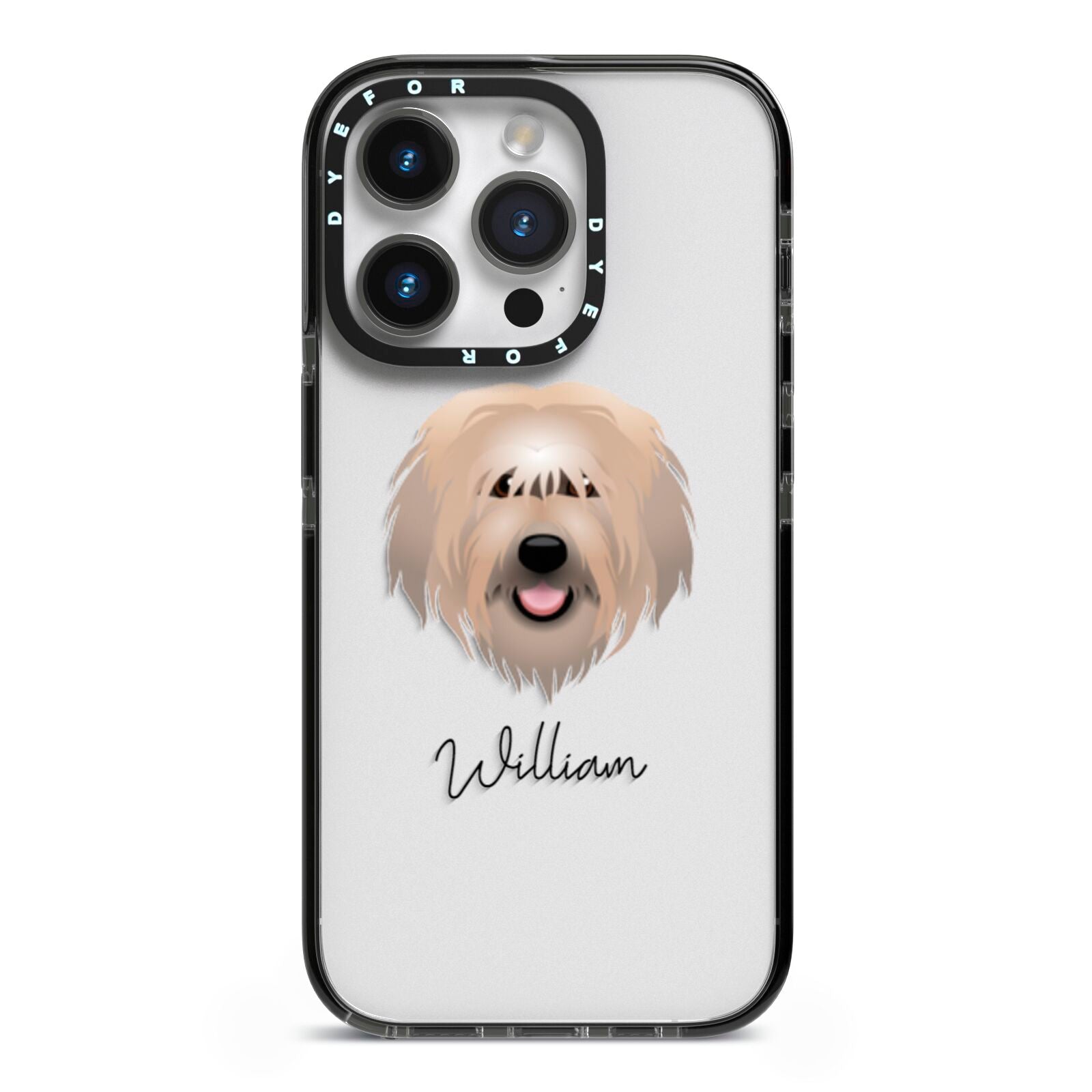 Catalan Sheepdog Personalised iPhone 14 Pro Black Impact Case on Silver phone