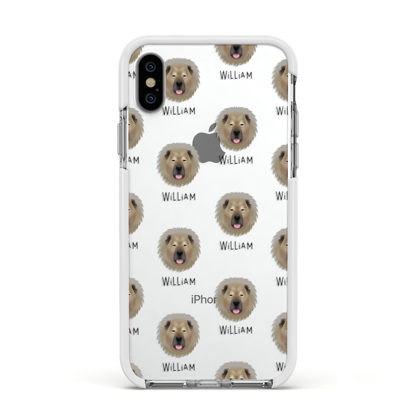 Causasian Shepherd Icon with Name Apple iPhone Xs Impact Case White Edge on Silver Phone