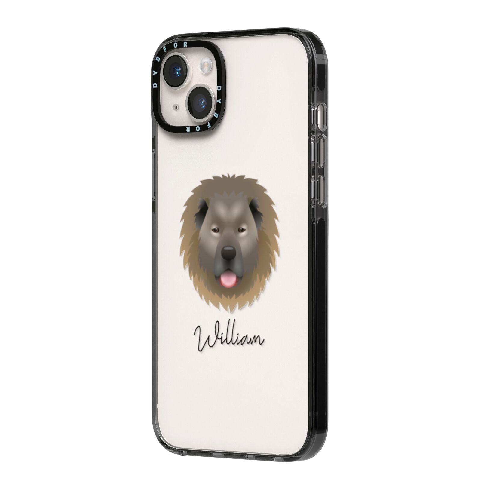 Causasian Shepherd Personalised iPhone 14 Plus Black Impact Case Side Angle on Silver phone