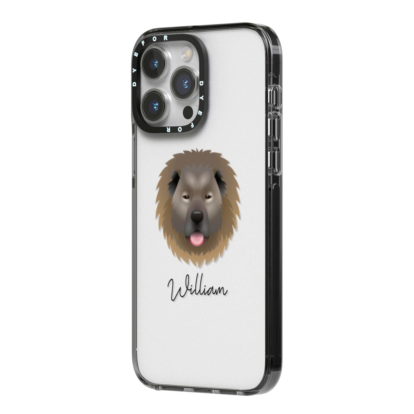 Causasian Shepherd Personalised iPhone 14 Pro Max Black Impact Case Side Angle on Silver phone