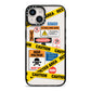 Caution Stickers iPhone 14 Black Impact Case on Silver phone