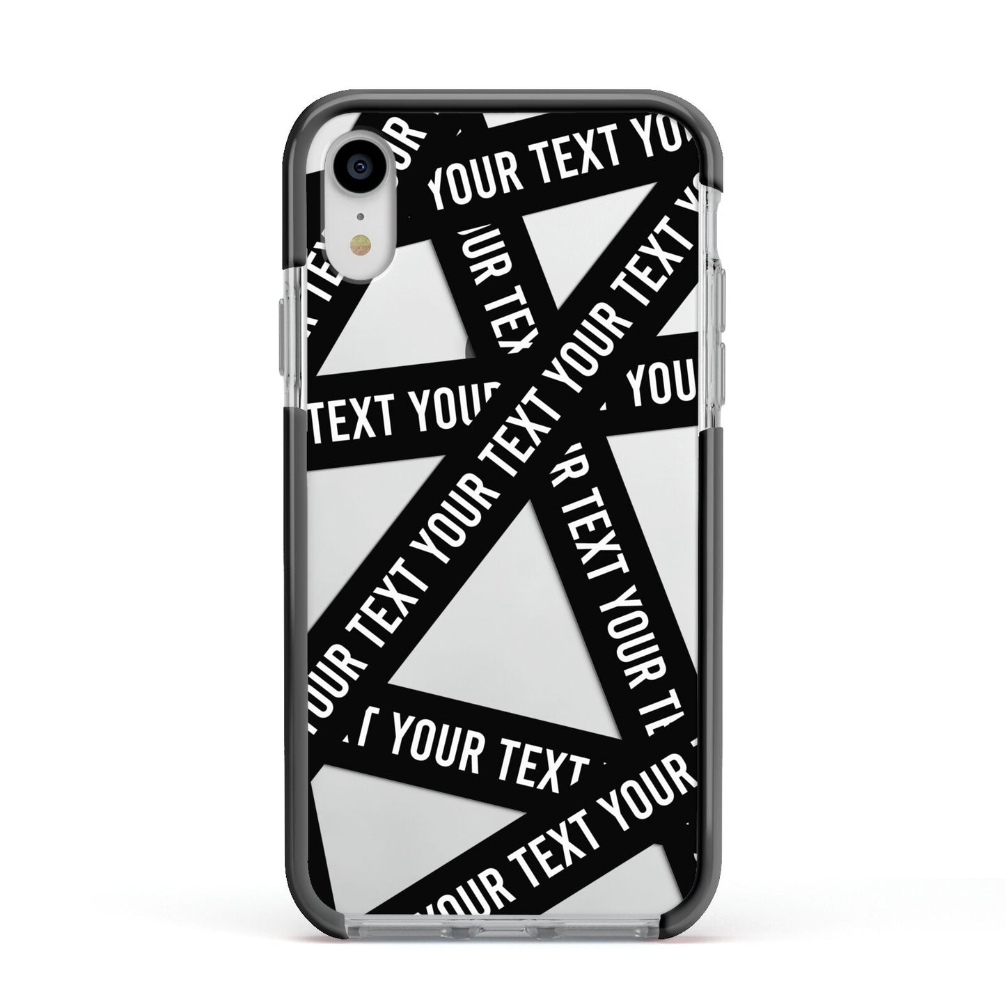Caution Tape Custom Phrase Apple iPhone XR Impact Case Black Edge on Silver Phone