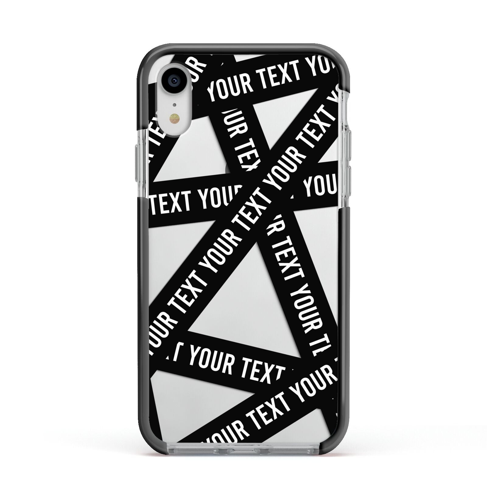 Caution Tape Custom Phrase Apple iPhone XR Impact Case Black Edge on Silver Phone