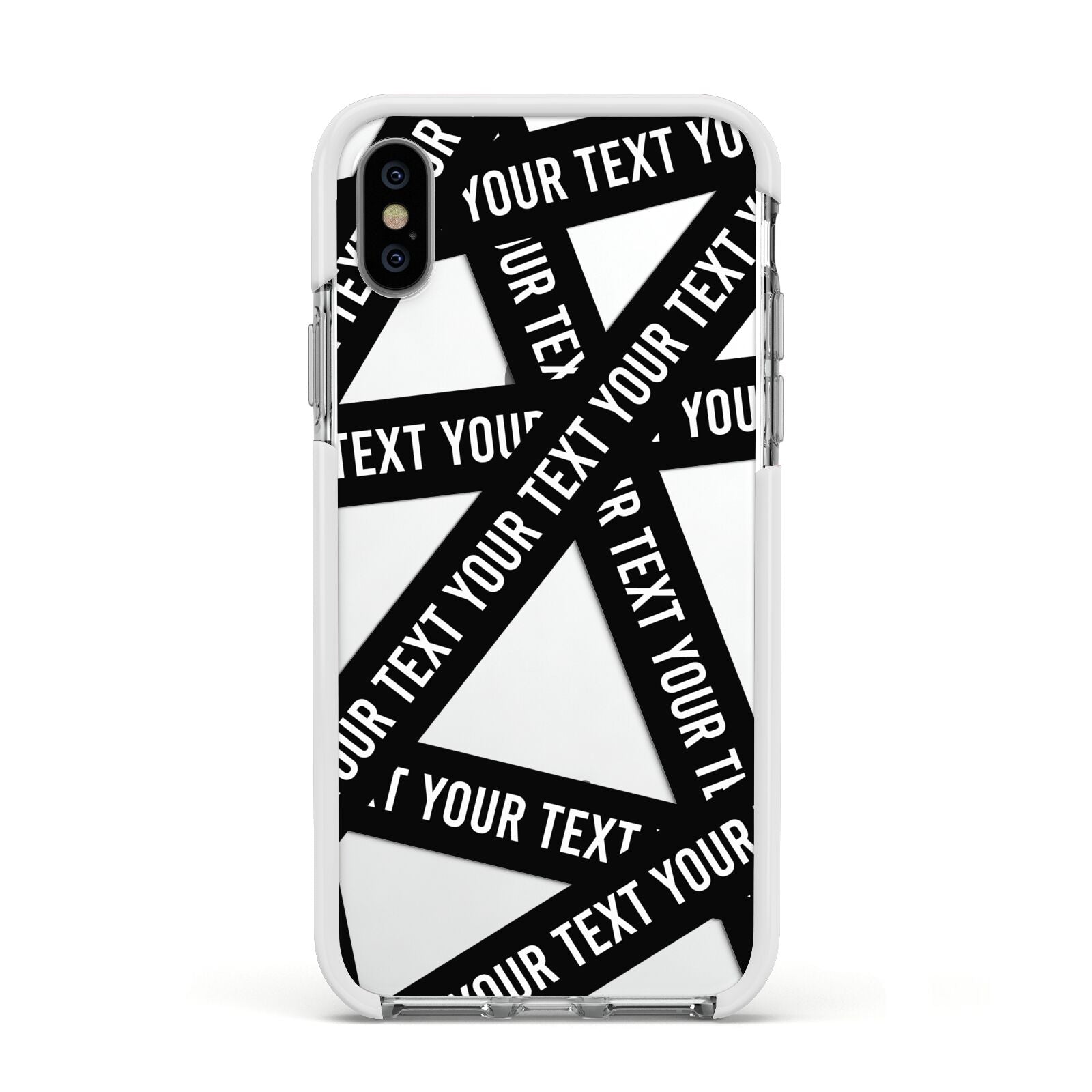 Caution Tape Custom Phrase Apple iPhone Xs Impact Case White Edge on Silver Phone