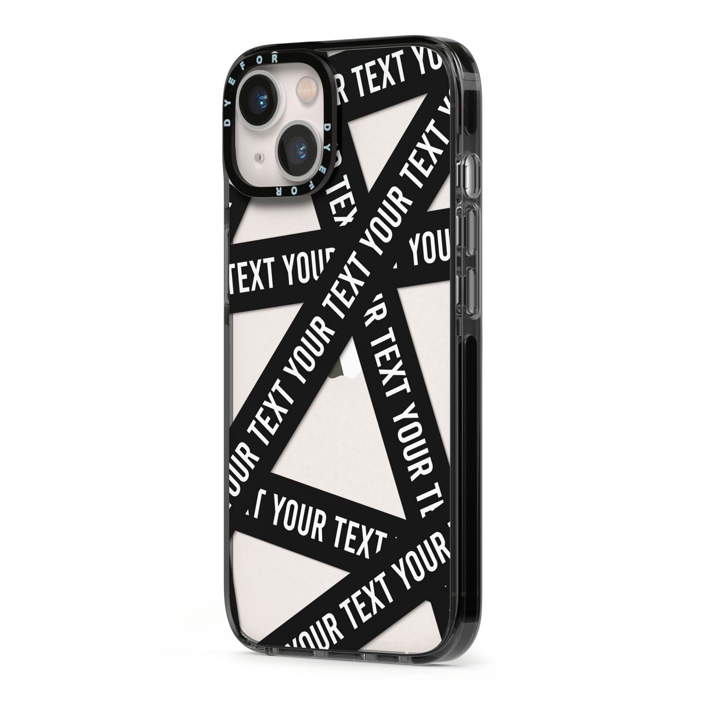 Caution Tape Custom Phrase iPhone 13 Black Impact Case Side Angle on Silver phone