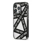Caution Tape Custom Phrase iPhone 13 Pro Black Impact Case Side Angle on Silver phone