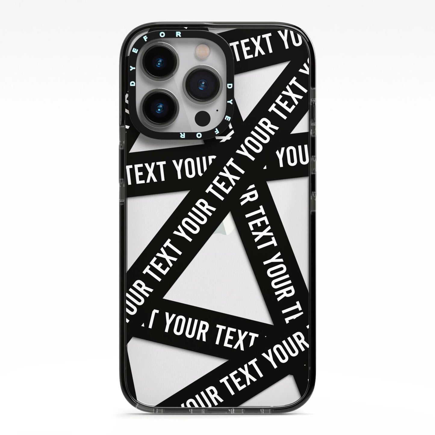 Caution Tape Custom Phrase iPhone 13 Pro Black Impact Case on Silver phone