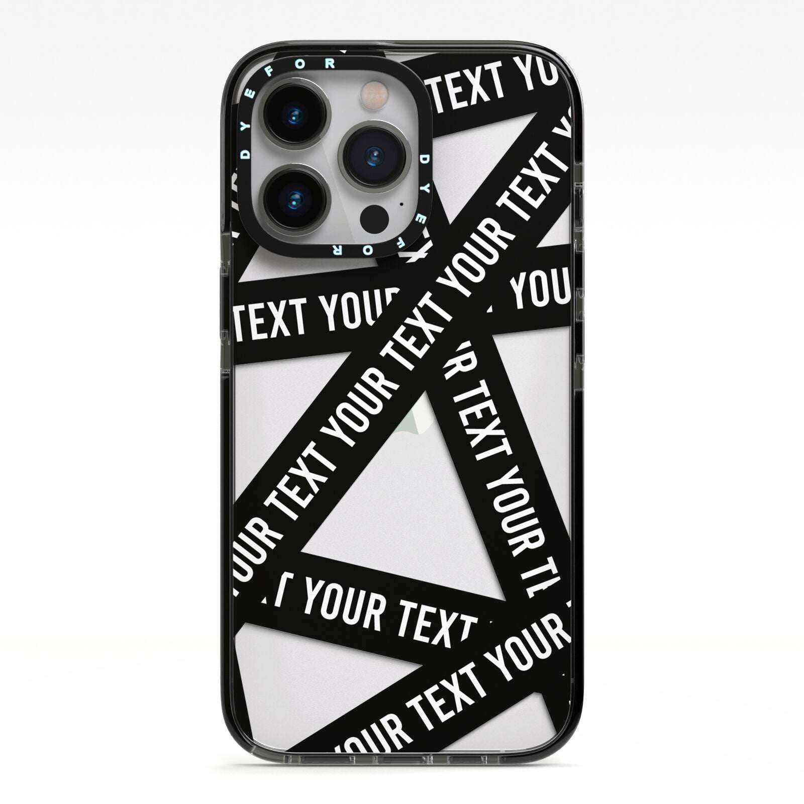 Caution Tape Custom Phrase iPhone 13 Pro Black Impact Case on Silver phone