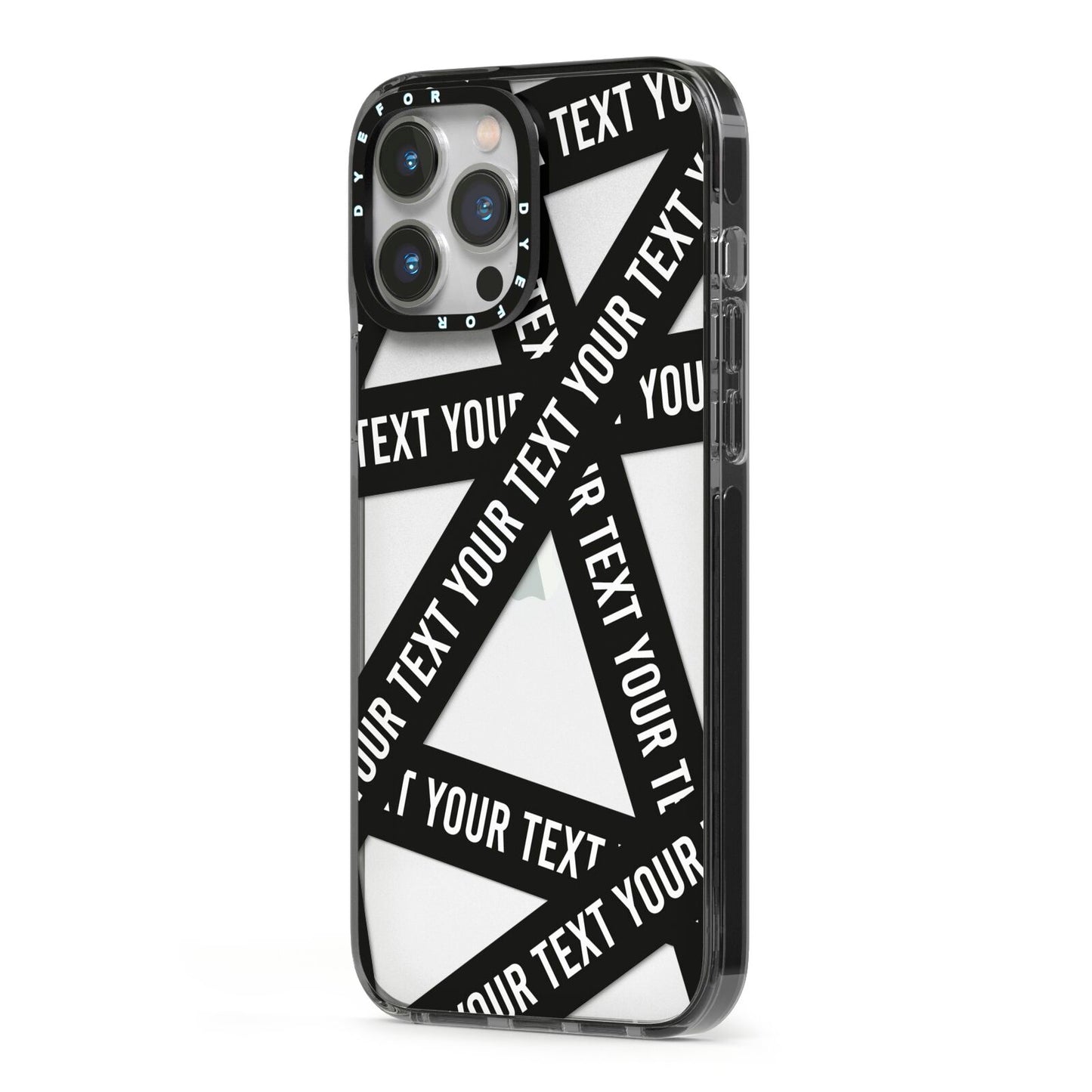 Caution Tape Custom Phrase iPhone 13 Pro Max Black Impact Case Side Angle on Silver phone