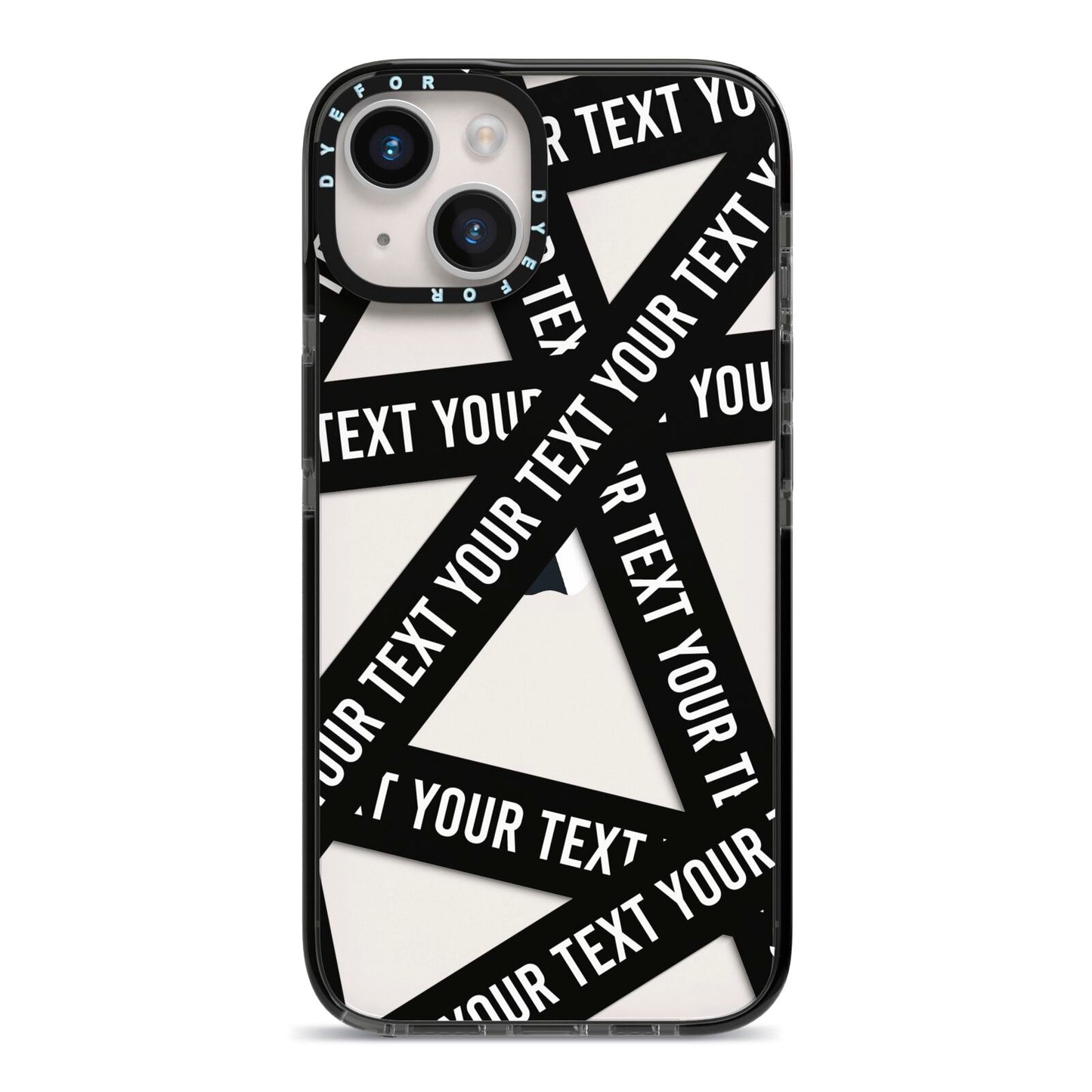 Caution Tape Custom Phrase iPhone 14 Black Impact Case on Silver phone