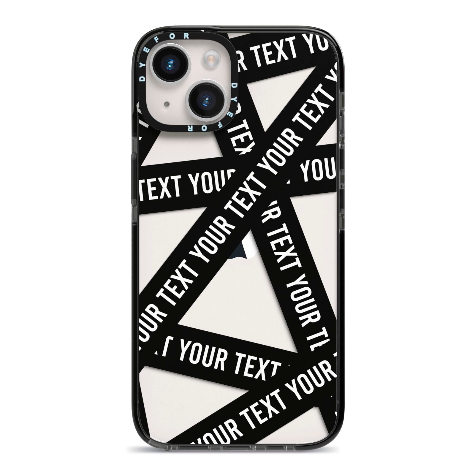 Caution Tape Custom Phrase iPhone 14 Black Impact Case on Silver phone