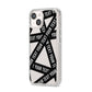 Caution Tape Custom Phrase iPhone 14 Clear Tough Case Starlight Angled Image