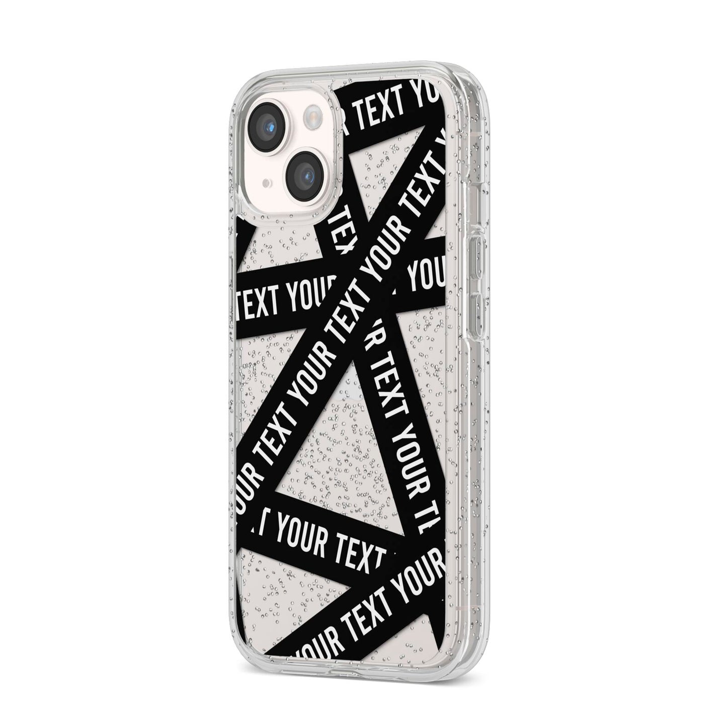 Caution Tape Custom Phrase iPhone 14 Glitter Tough Case Starlight Angled Image