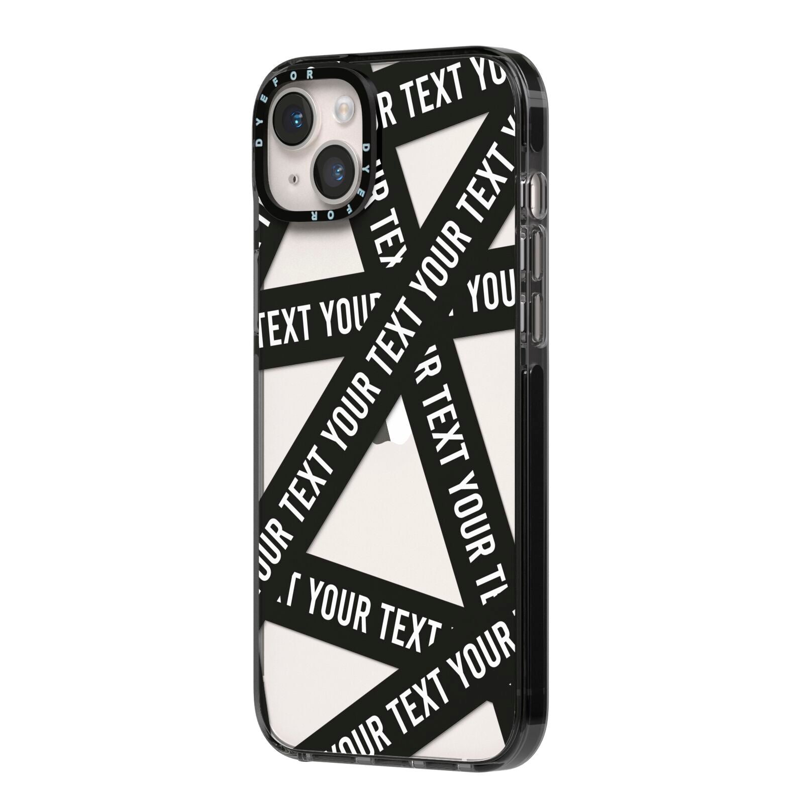 Caution Tape Custom Phrase iPhone 14 Plus Black Impact Case Side Angle on Silver phone