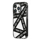 Caution Tape Custom Phrase iPhone 14 Pro Black Impact Case Side Angle on Silver phone