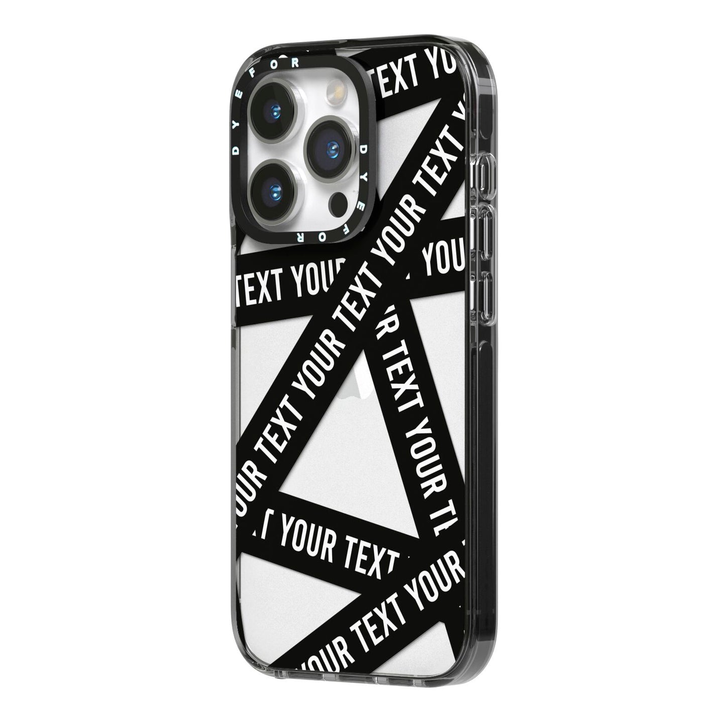 Caution Tape Custom Phrase iPhone 14 Pro Black Impact Case Side Angle on Silver phone