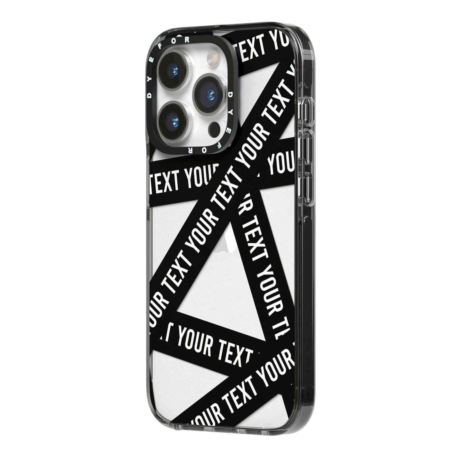 Caution Tape Custom Phrase iPhone 14 Pro Black Impact Case Side Angle on Silver phone