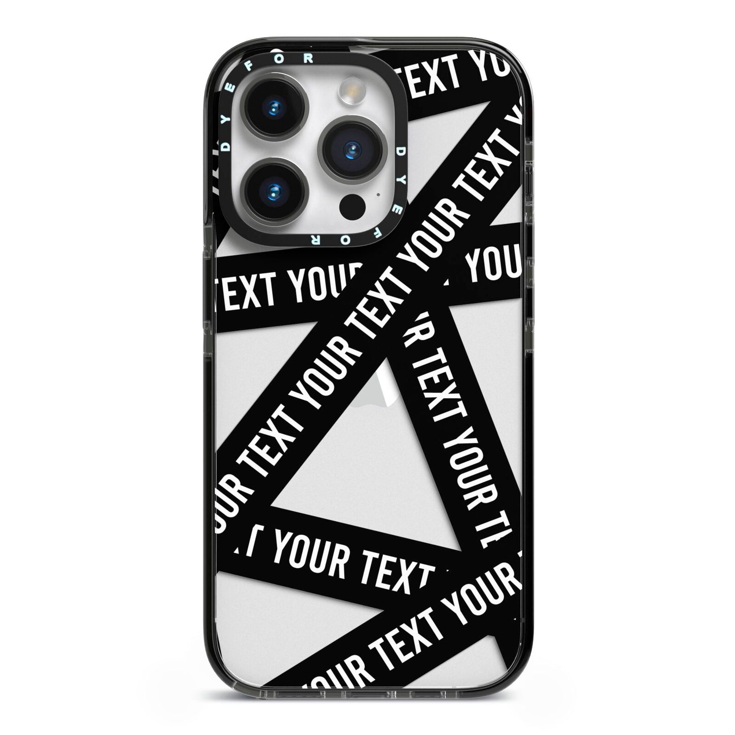 Caution Tape Custom Phrase iPhone 14 Pro Black Impact Case on Silver phone