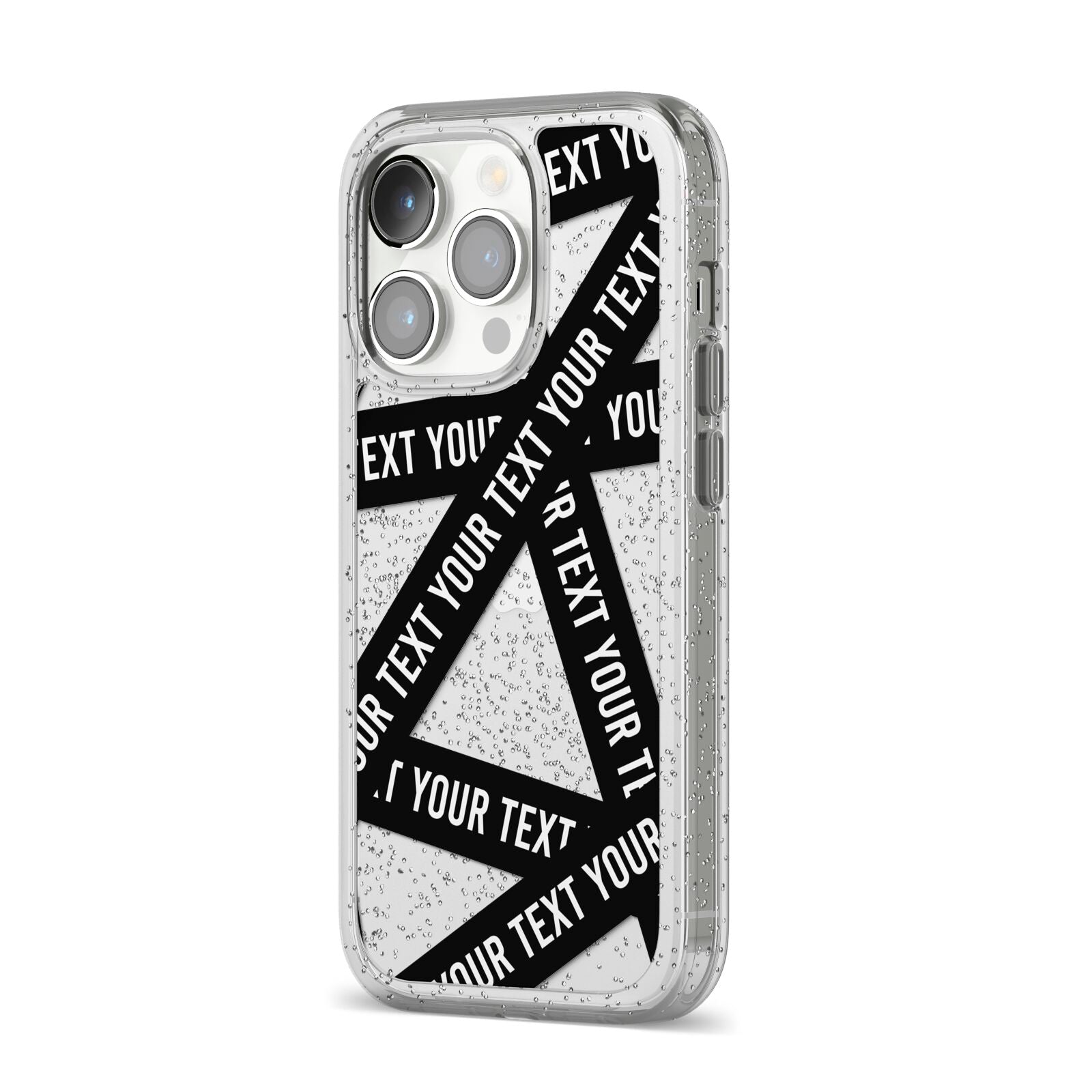 Caution Tape Custom Phrase iPhone 14 Pro Glitter Tough Case Silver Angled Image