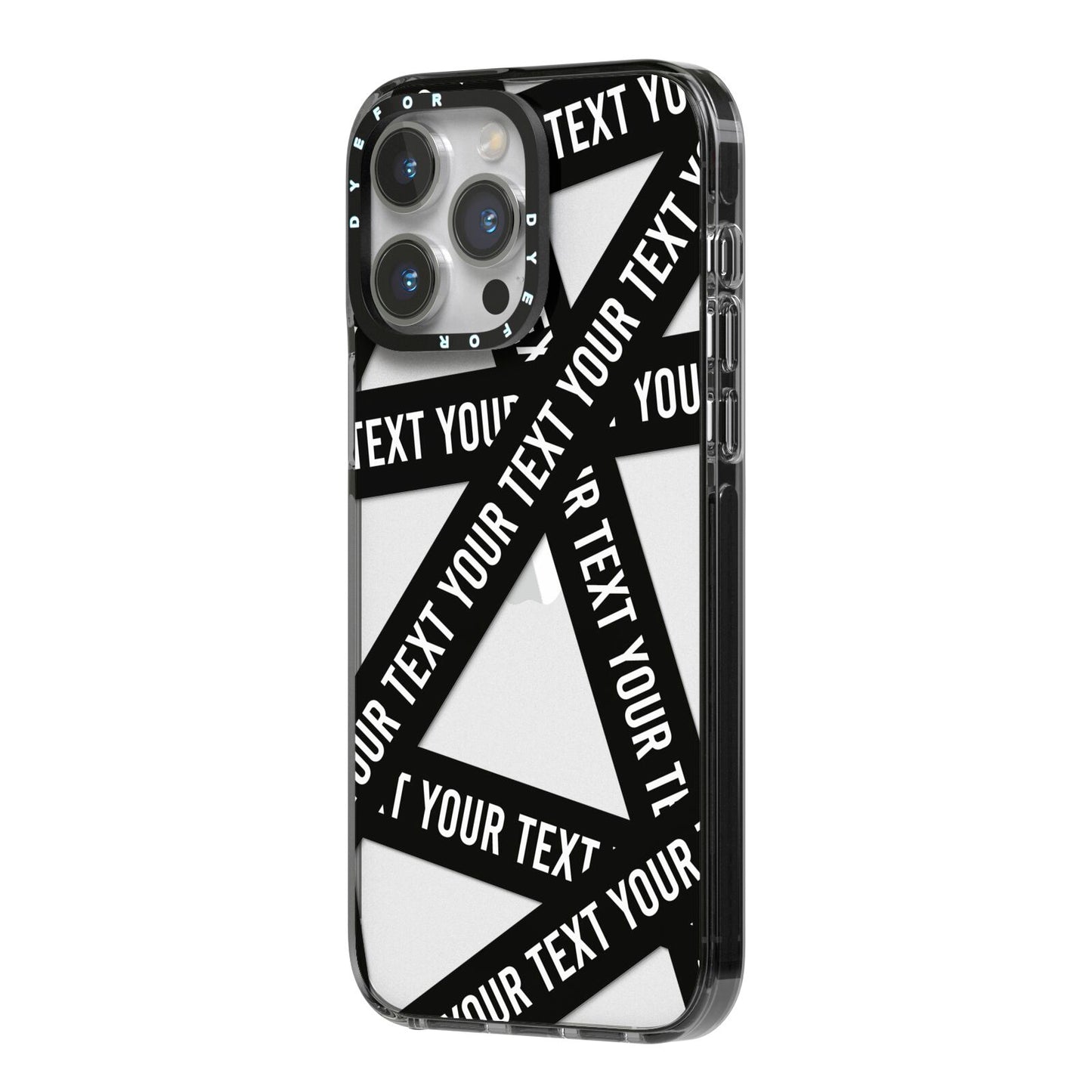 Caution Tape Custom Phrase iPhone 14 Pro Max Black Impact Case Side Angle on Silver phone