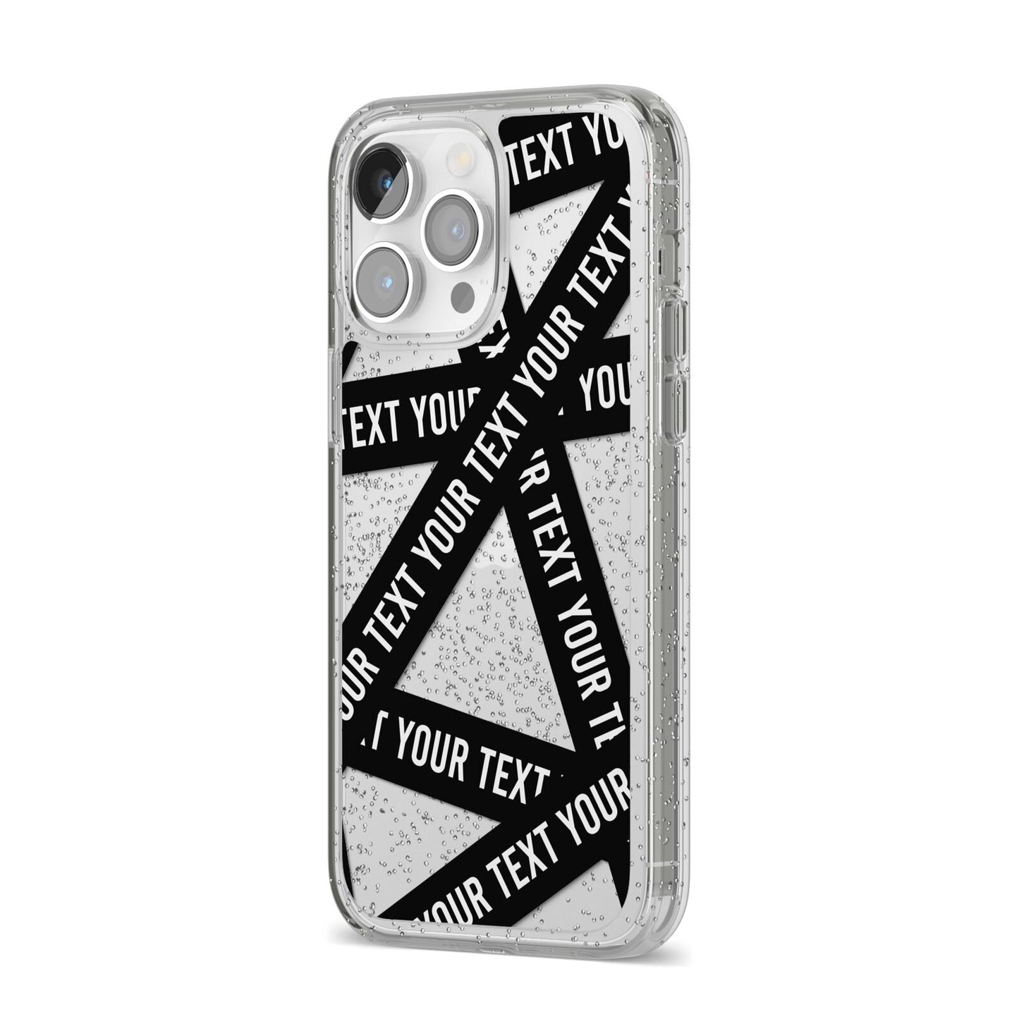 Caution Tape Custom Phrase iPhone 14 Pro Max Glitter Tough Case Silver Angled Image