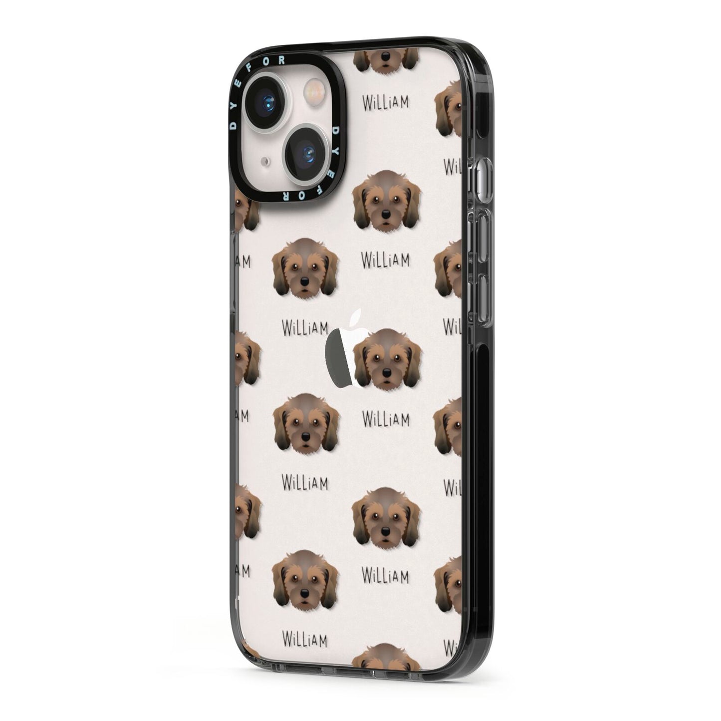 Cavachon Icon with Name iPhone 13 Black Impact Case Side Angle on Silver phone