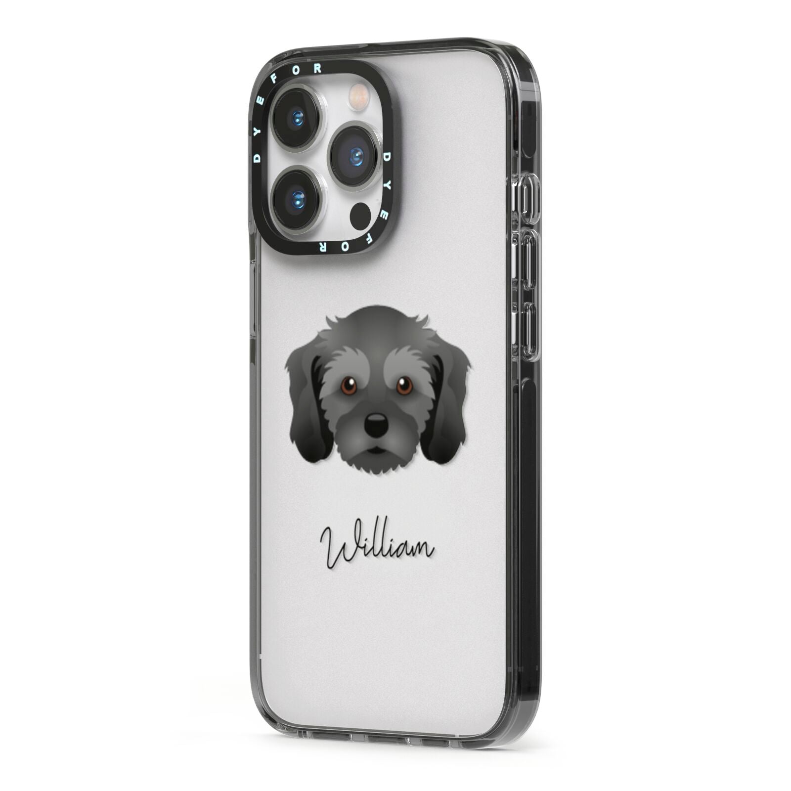 Cavachon Personalised iPhone 13 Pro Black Impact Case Side Angle on Silver phone
