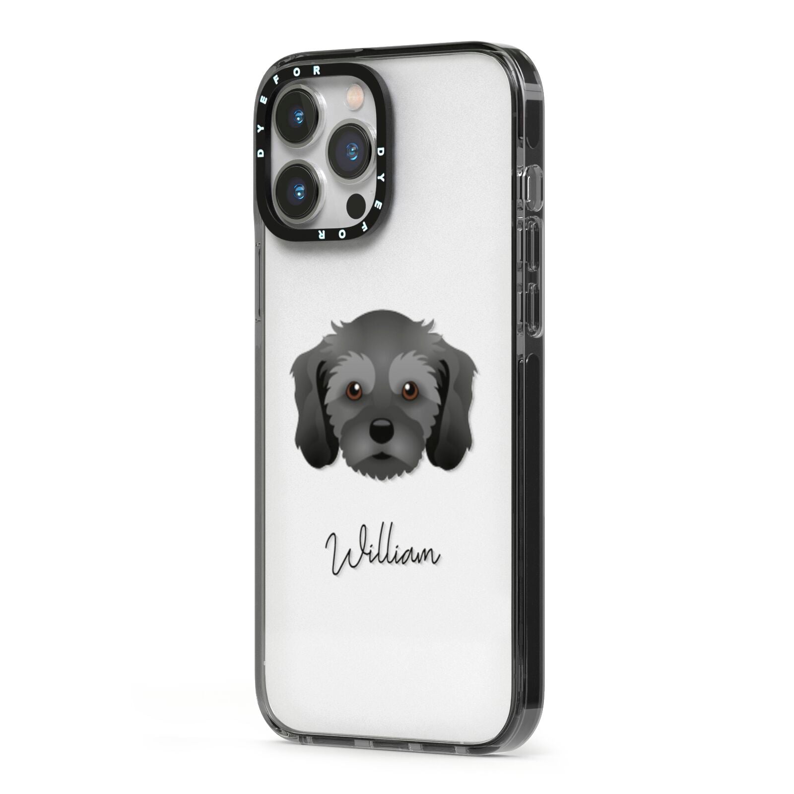 Cavachon Personalised iPhone 13 Pro Max Black Impact Case Side Angle on Silver phone
