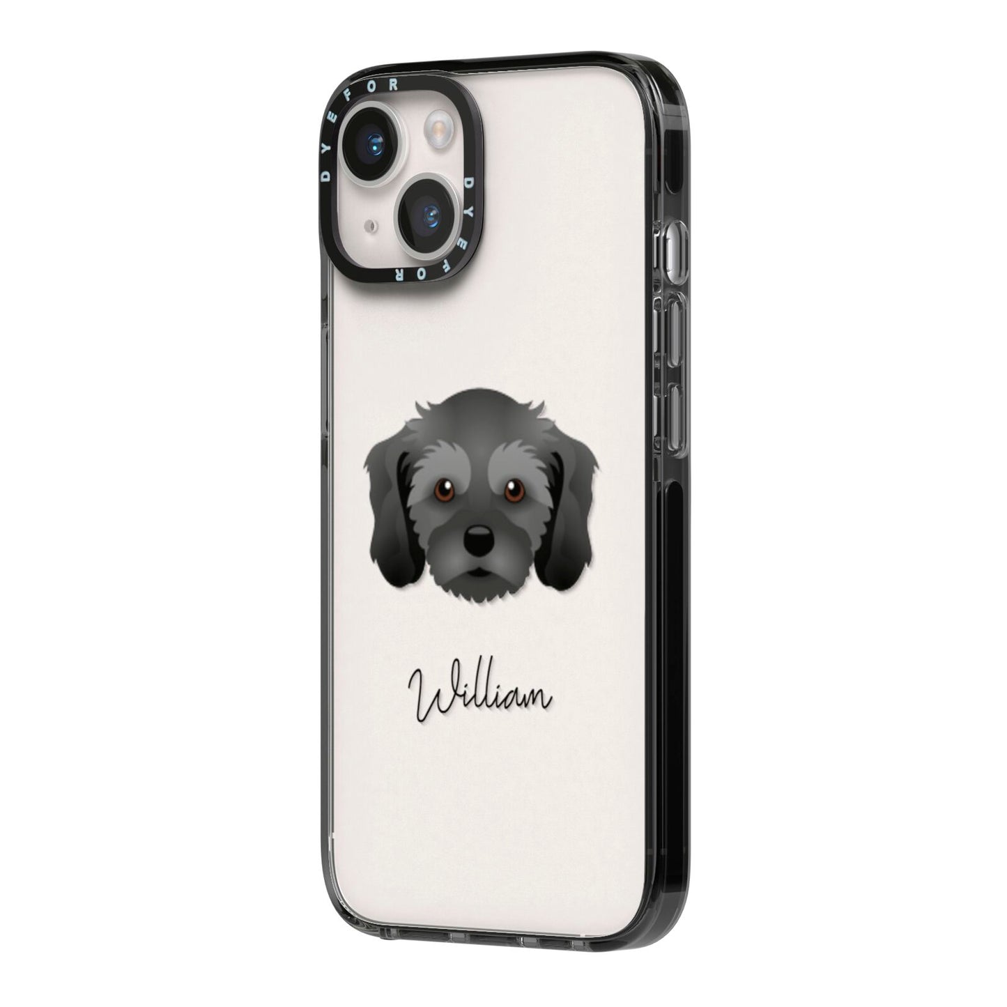 Cavachon Personalised iPhone 14 Black Impact Case Side Angle on Silver phone