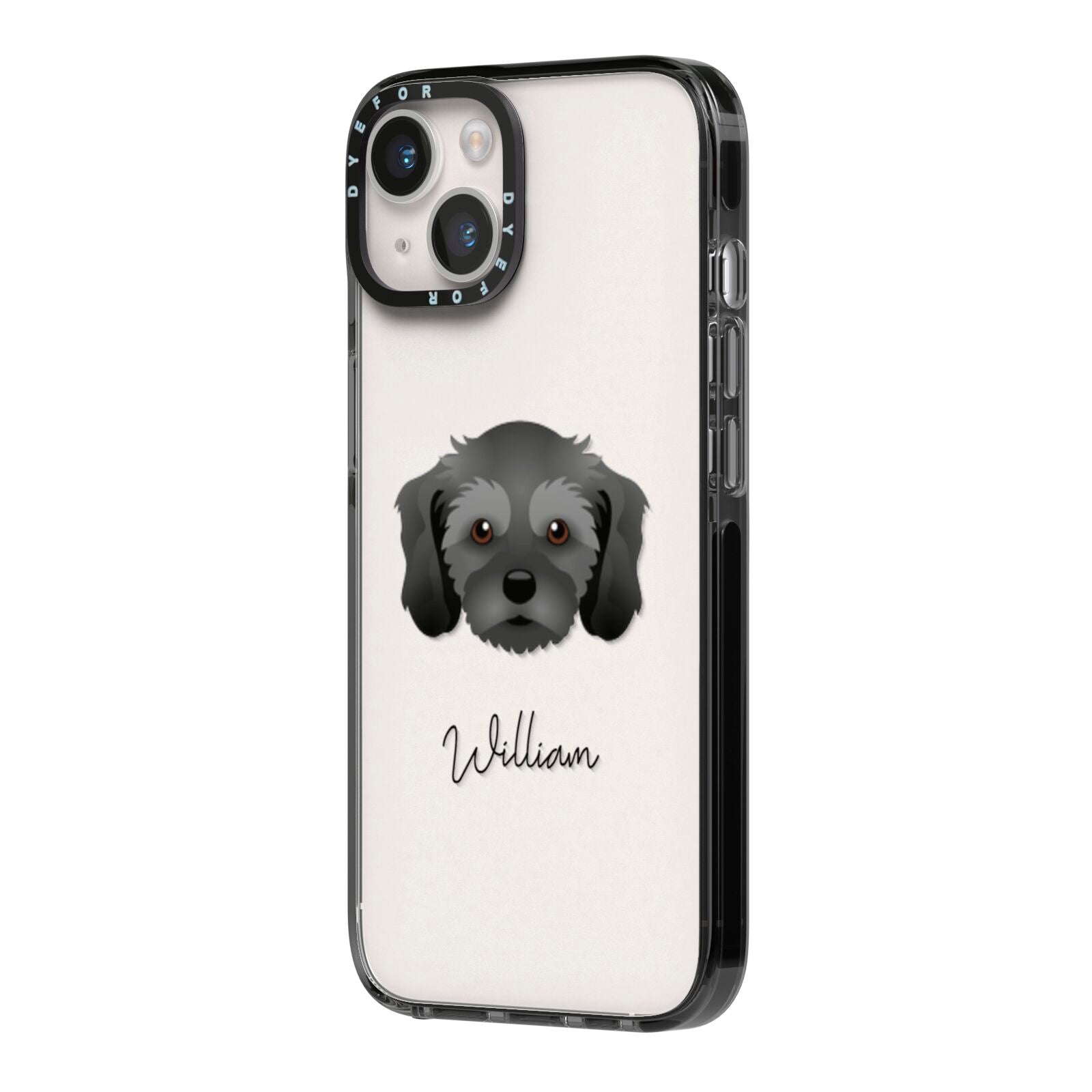 Cavachon Personalised iPhone 14 Black Impact Case Side Angle on Silver phone