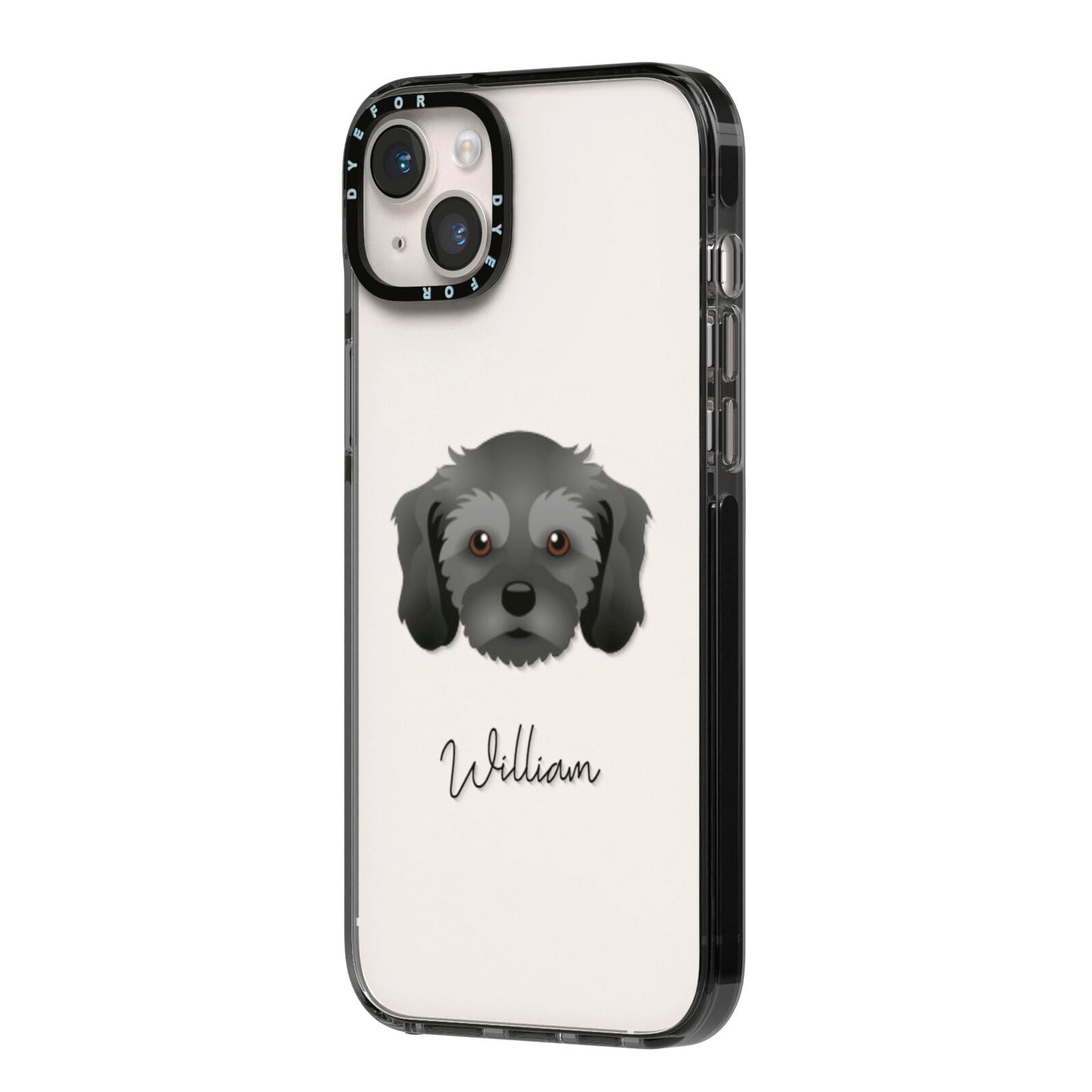 Cavachon Personalised iPhone 14 Plus Black Impact Case Side Angle on Silver phone