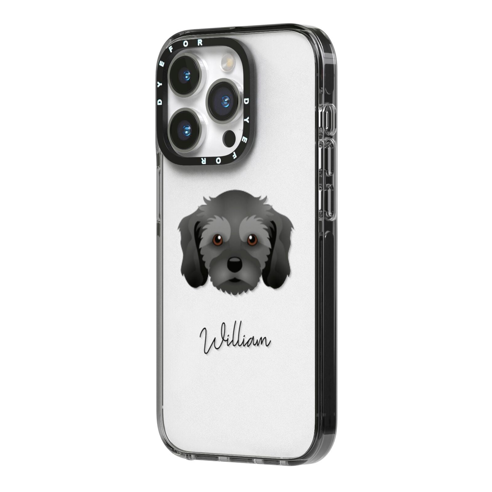Cavachon Personalised iPhone 14 Pro Black Impact Case Side Angle on Silver phone
