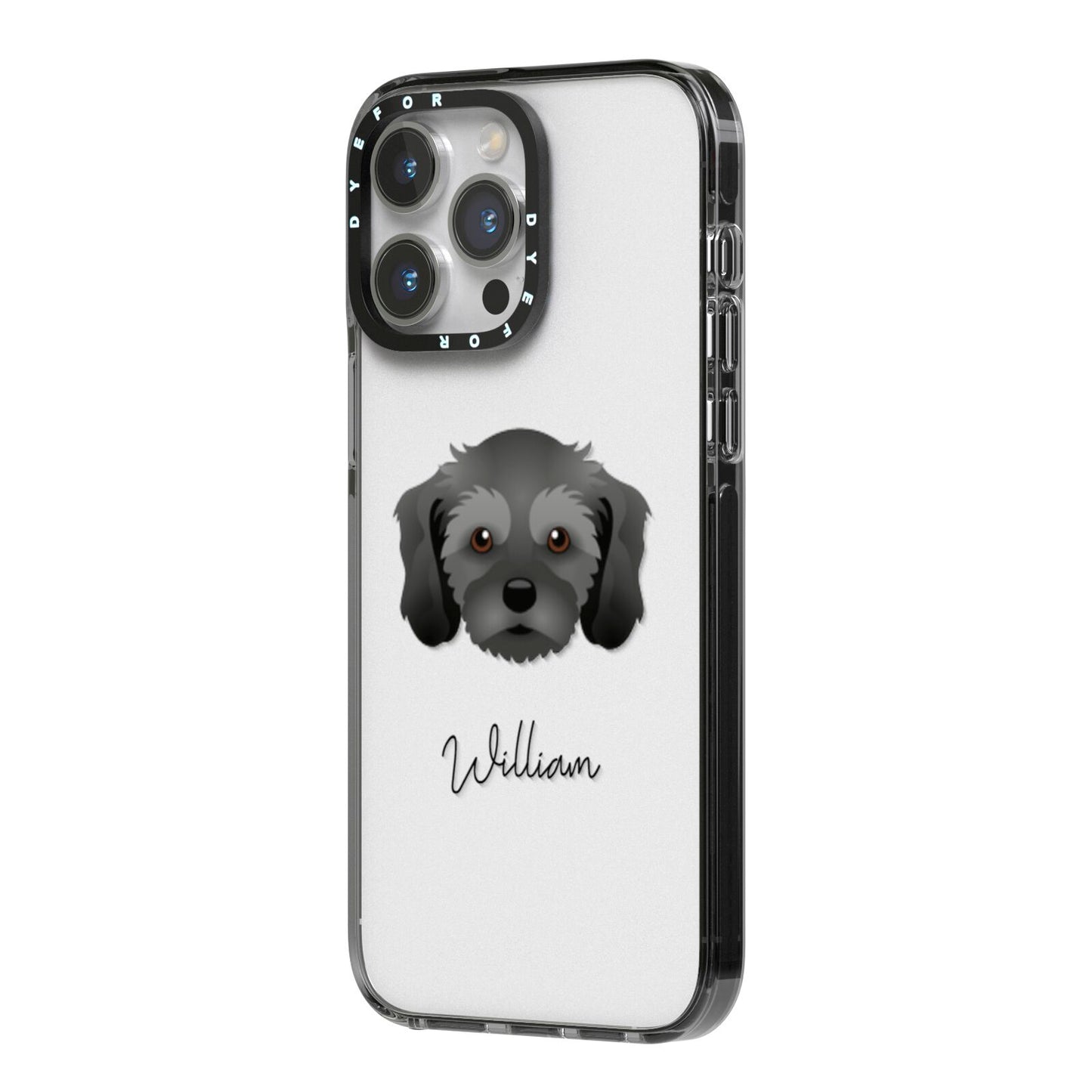 Cavachon Personalised iPhone 14 Pro Max Black Impact Case Side Angle on Silver phone