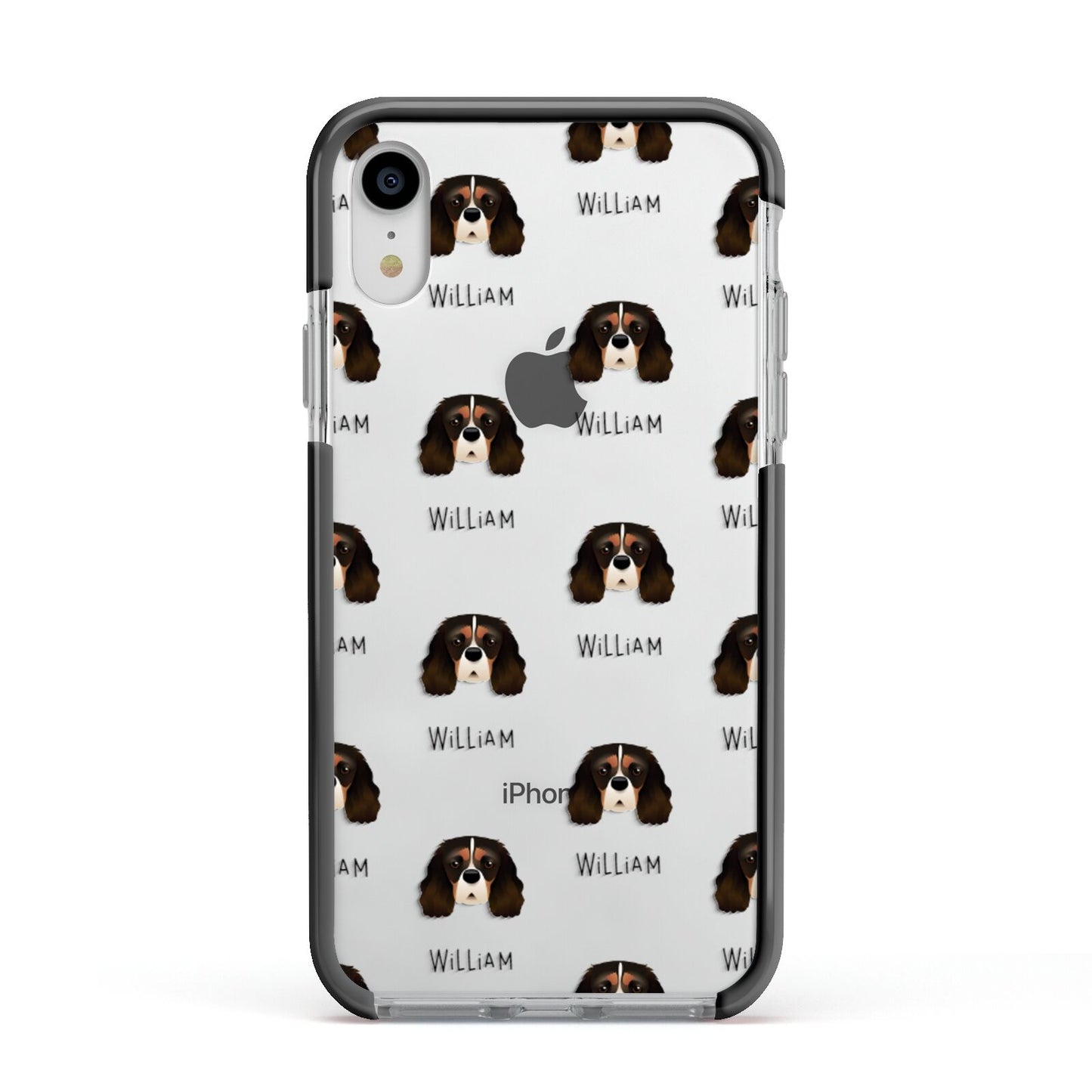 Cavalier King Charles Spaniel Icon with Name Apple iPhone XR Impact Case Black Edge on Silver Phone