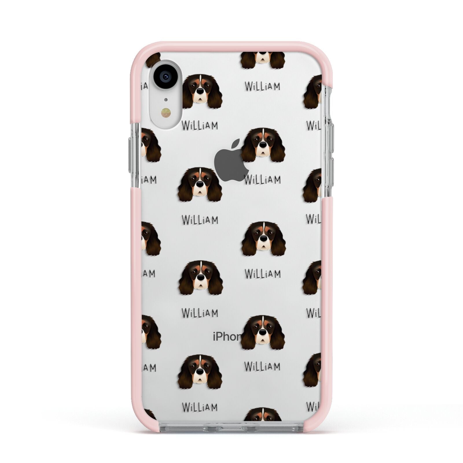 Cavalier King Charles Spaniel Icon with Name Apple iPhone XR Impact Case Pink Edge on Silver Phone