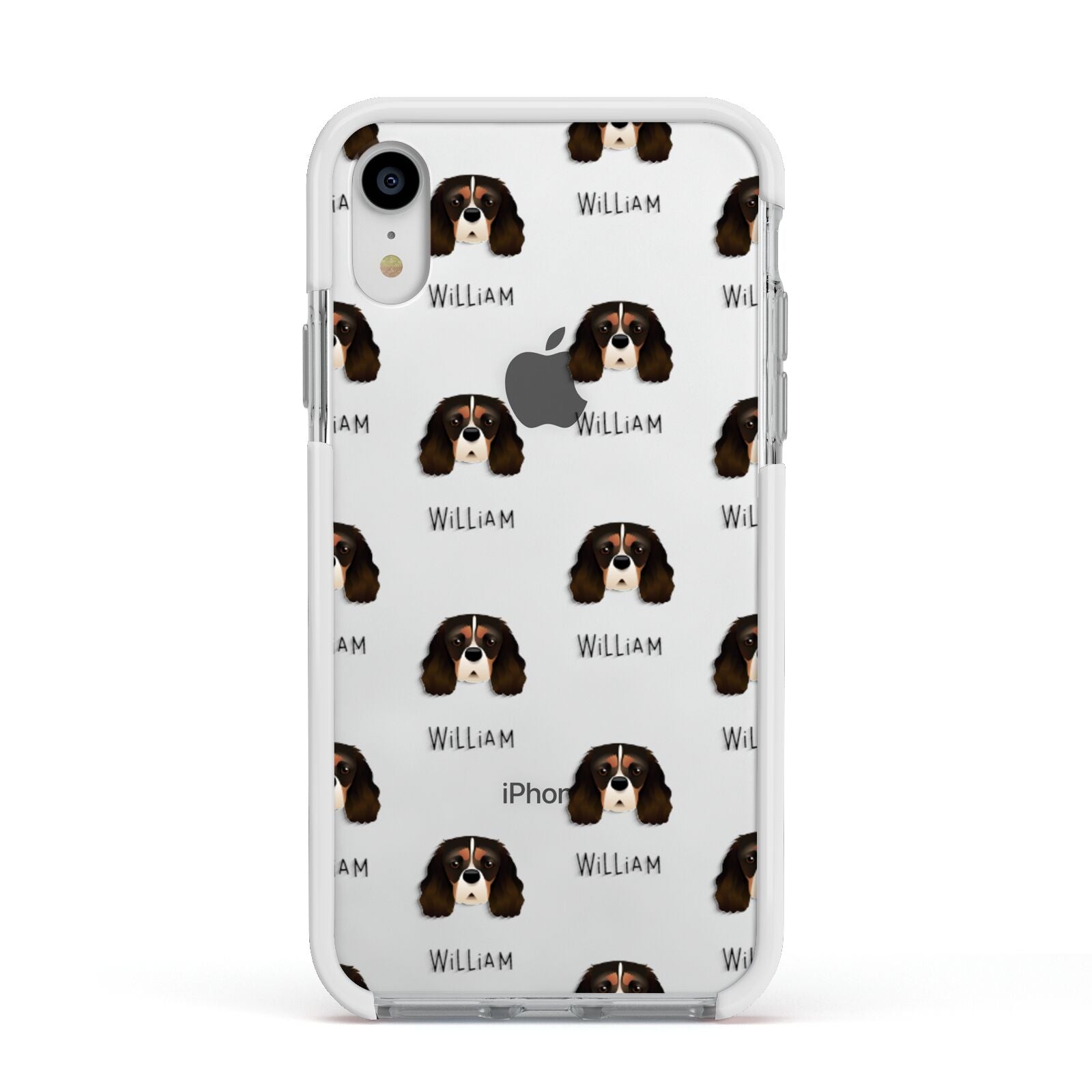 Cavalier King Charles Spaniel Icon with Name Apple iPhone XR Impact Case White Edge on Silver Phone