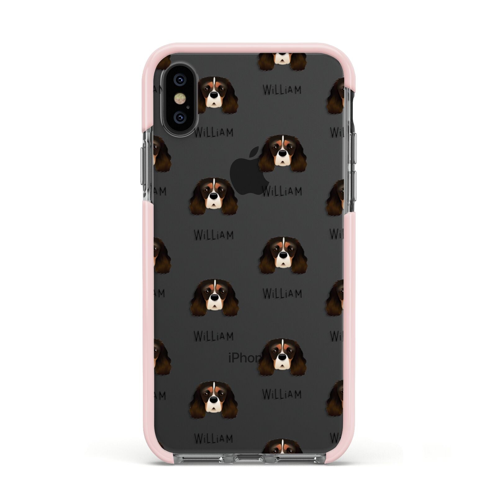 Cavalier King Charles Spaniel Icon with Name Apple iPhone Xs Impact Case Pink Edge on Black Phone