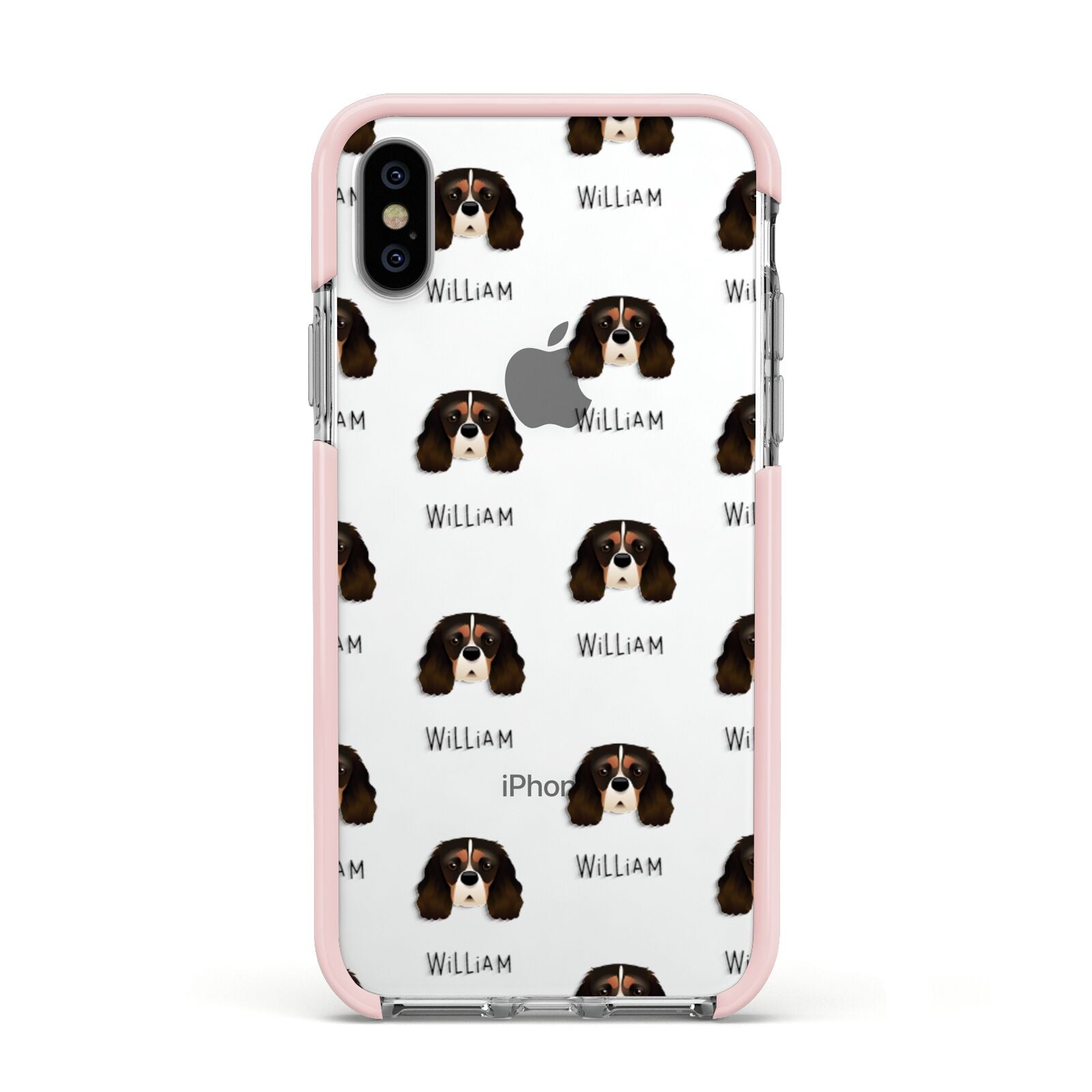 Cavalier King Charles Spaniel Icon with Name Apple iPhone Xs Impact Case Pink Edge on Silver Phone