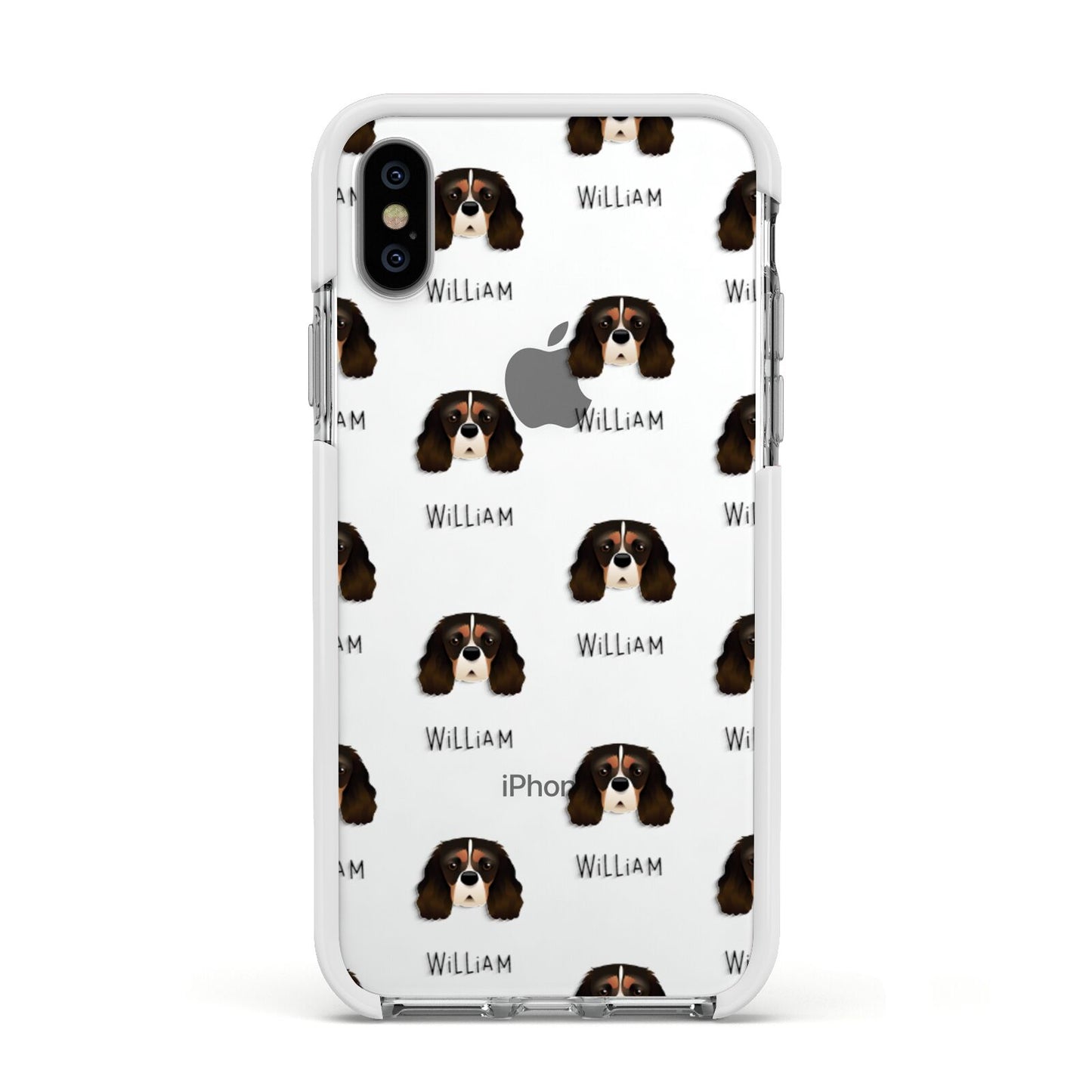 Cavalier King Charles Spaniel Icon with Name Apple iPhone Xs Impact Case White Edge on Silver Phone