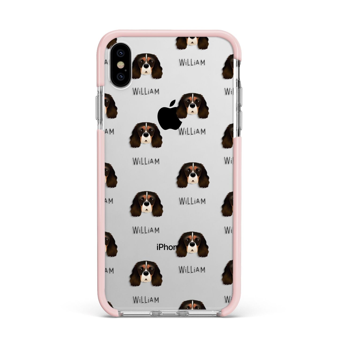 Cavalier King Charles Spaniel Icon with Name Apple iPhone Xs Max Impact Case Pink Edge on Silver Phone