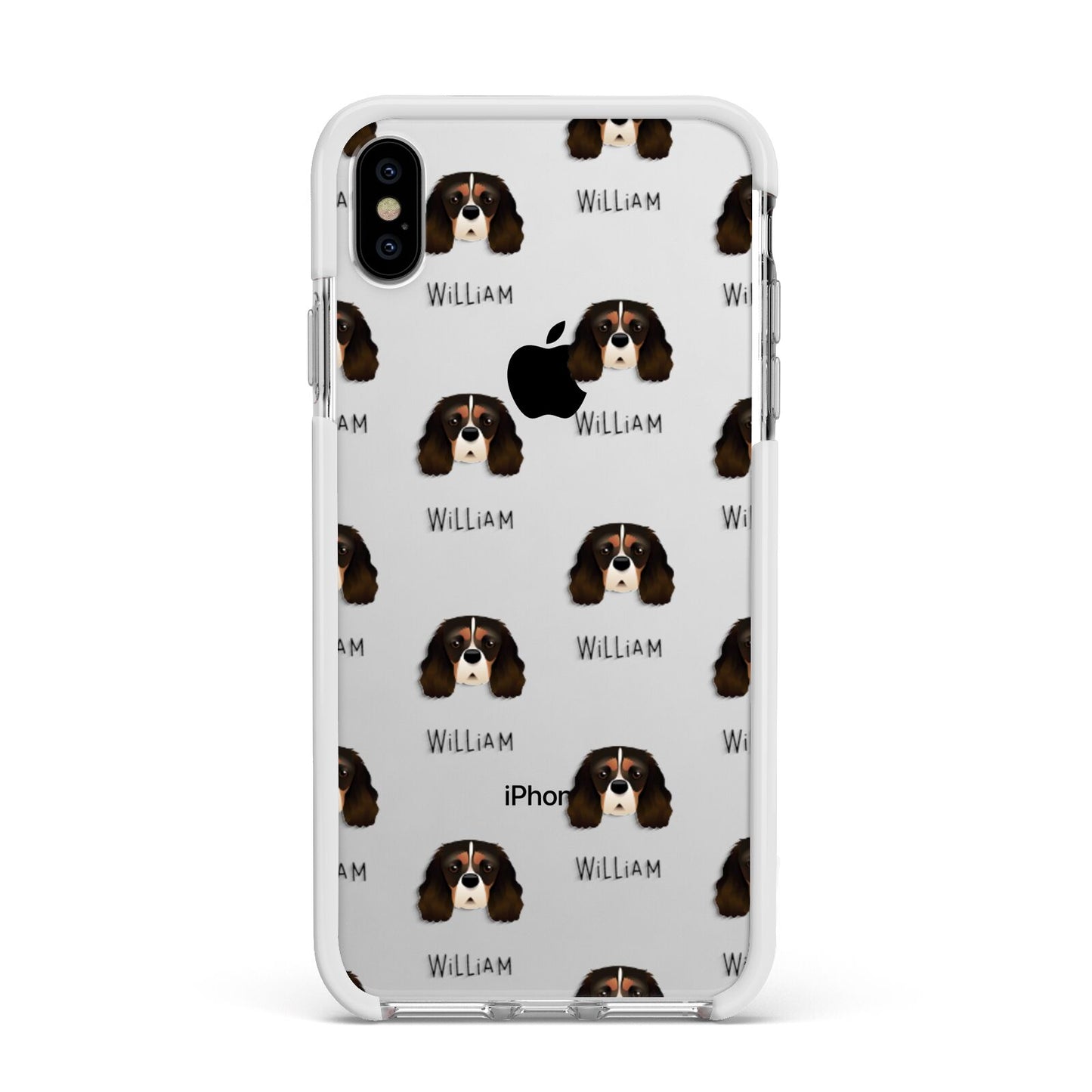 Cavalier King Charles Spaniel Icon with Name Apple iPhone Xs Max Impact Case White Edge on Silver Phone