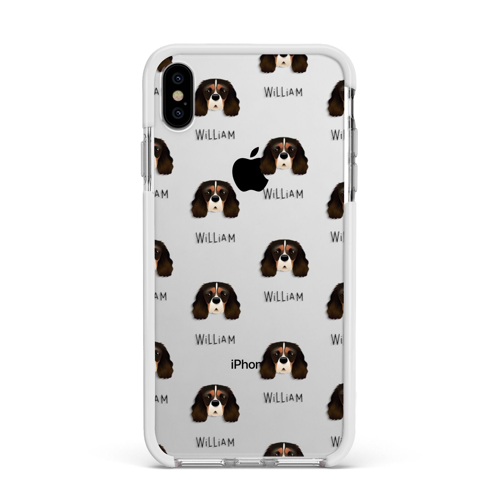 Cavalier King Charles Spaniel Icon with Name Apple iPhone Xs Max Impact Case White Edge on Silver Phone