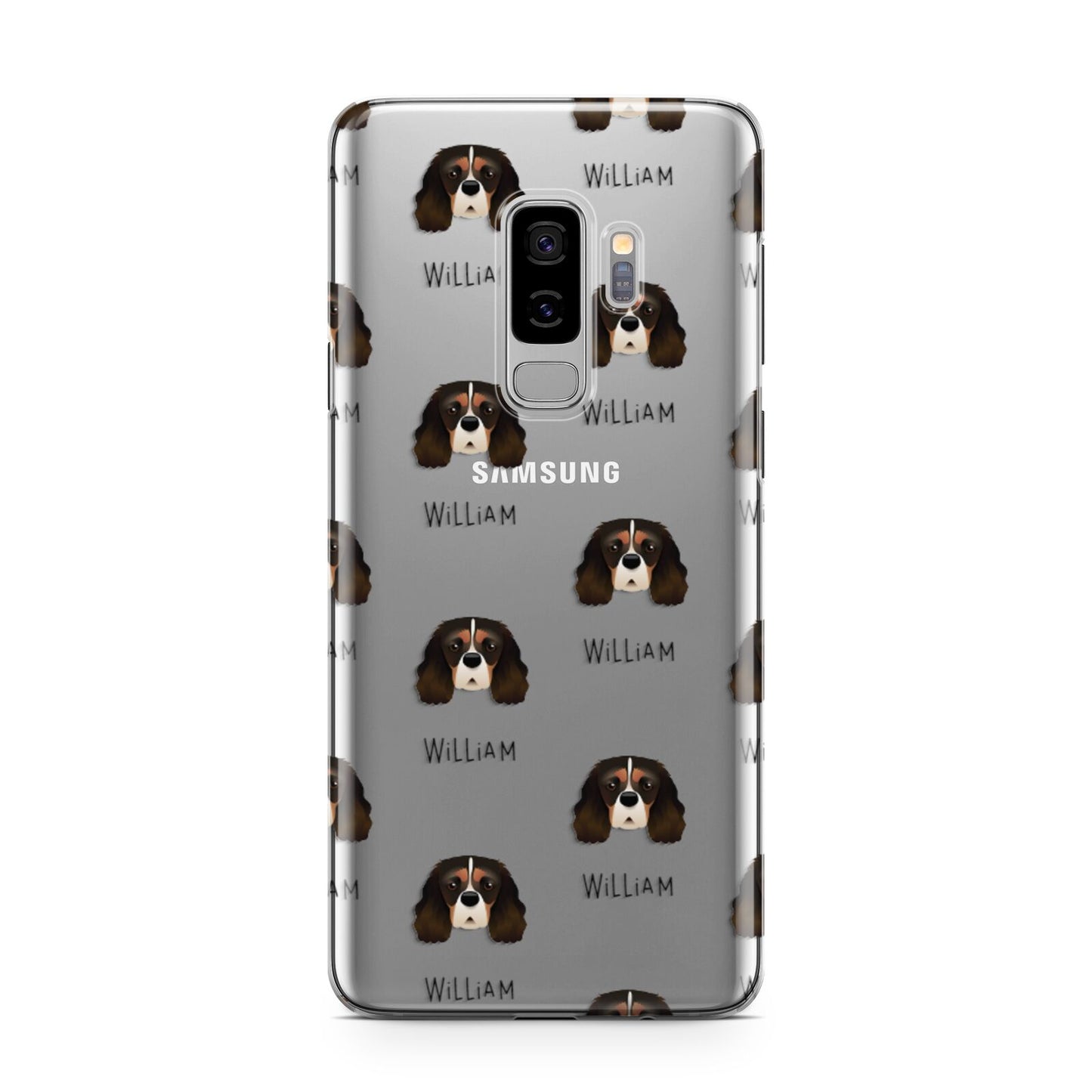 Cavalier King Charles Spaniel Icon with Name Samsung Galaxy S9 Plus Case on Silver phone