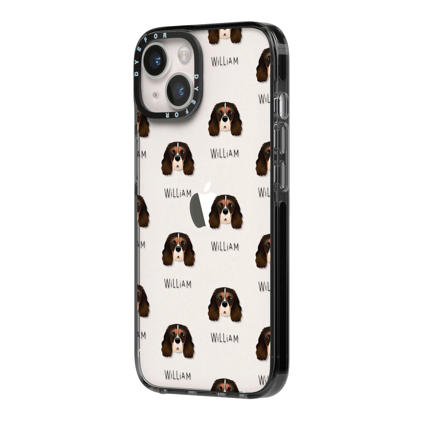 Cavalier King Charles Spaniel Icon with Name iPhone 14 Black Impact Case Side Angle on Silver phone