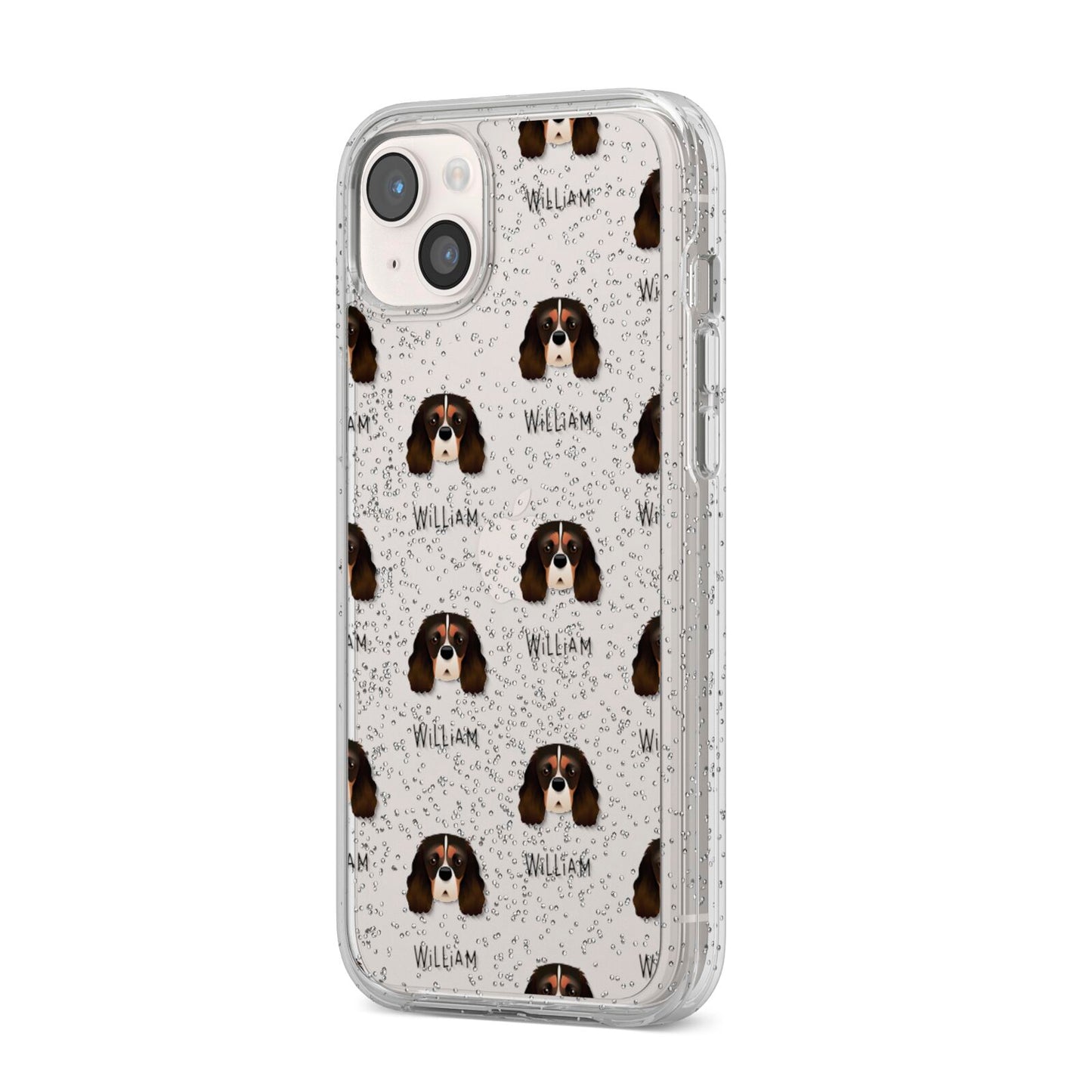 Cavalier King Charles Spaniel Icon with Name iPhone 14 Plus Glitter Tough Case Starlight Angled Image