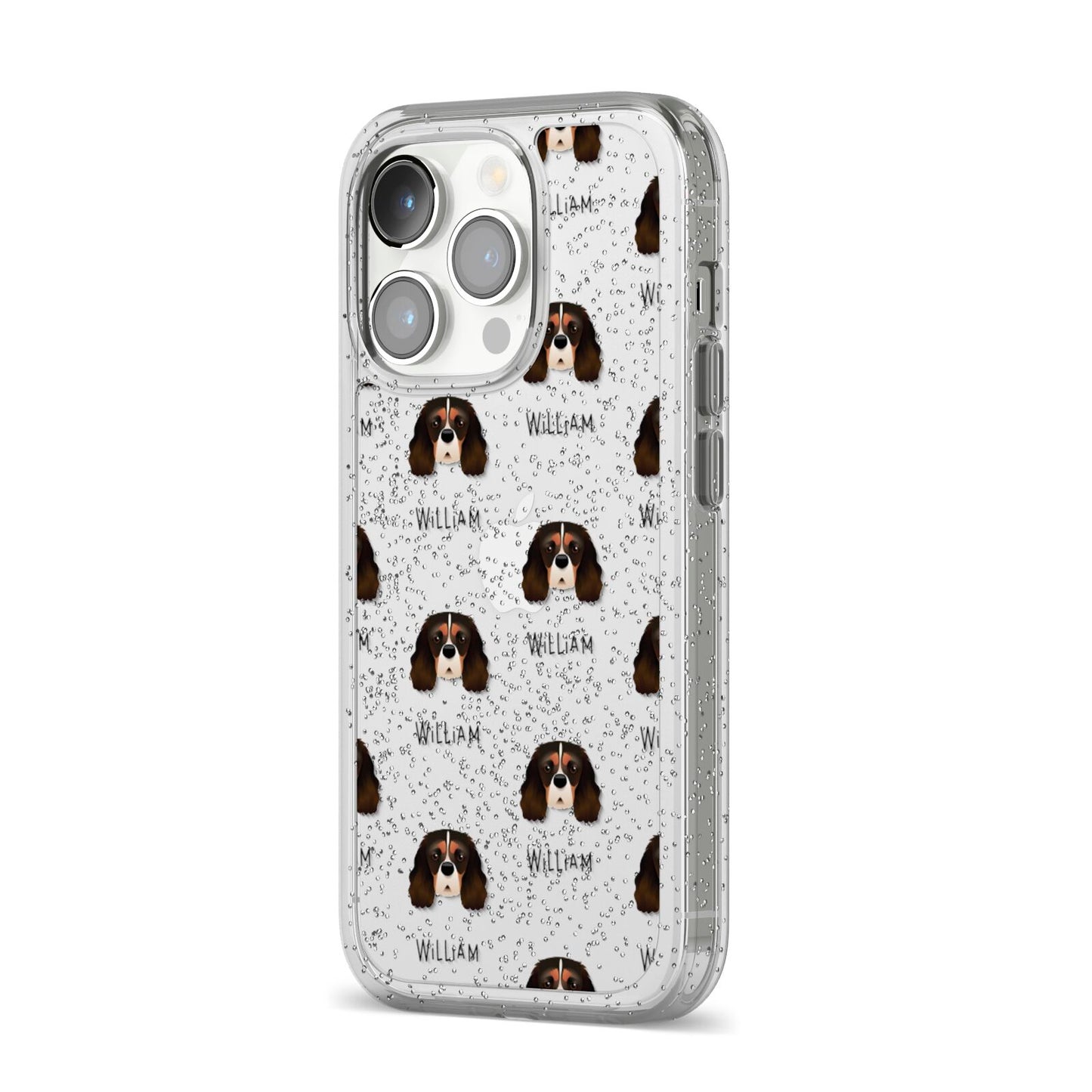 Cavalier King Charles Spaniel Icon with Name iPhone 14 Pro Glitter Tough Case Silver Angled Image