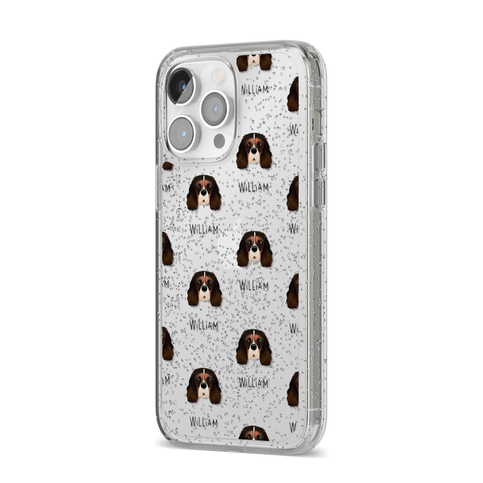 Cavalier King Charles Spaniel Icon with Name iPhone 14 Pro Max Glitter Tough Case Silver Angled Image